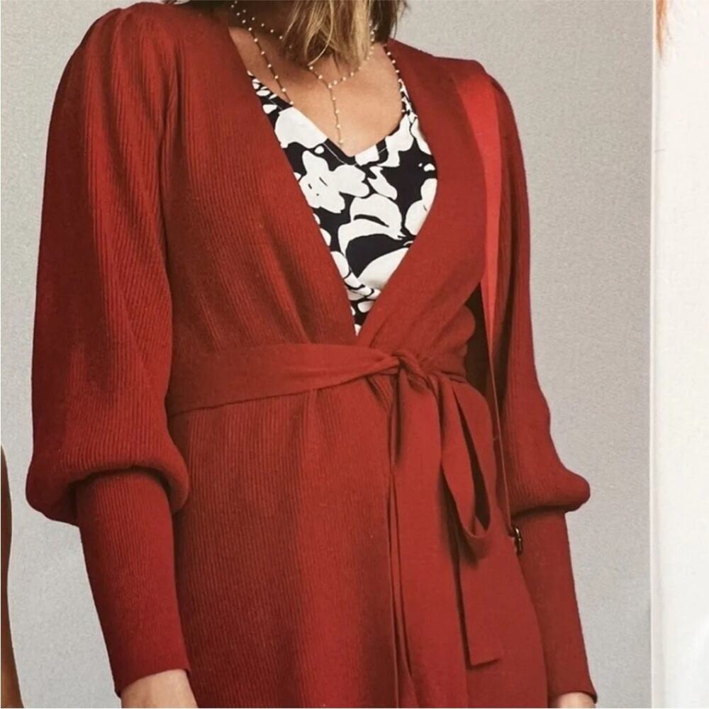Cabi Cabaret red ribbed wrap front balloon sleeve belted cardigan size Large